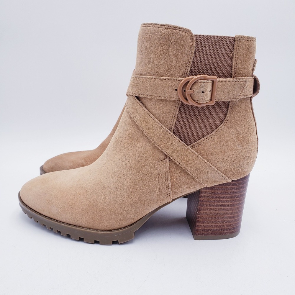 Blondo Tazmin Ankle Boots Tan Suede‎ Waterproof Buckle Strap Block Heel Size 7.5 - Picture 2 of 11